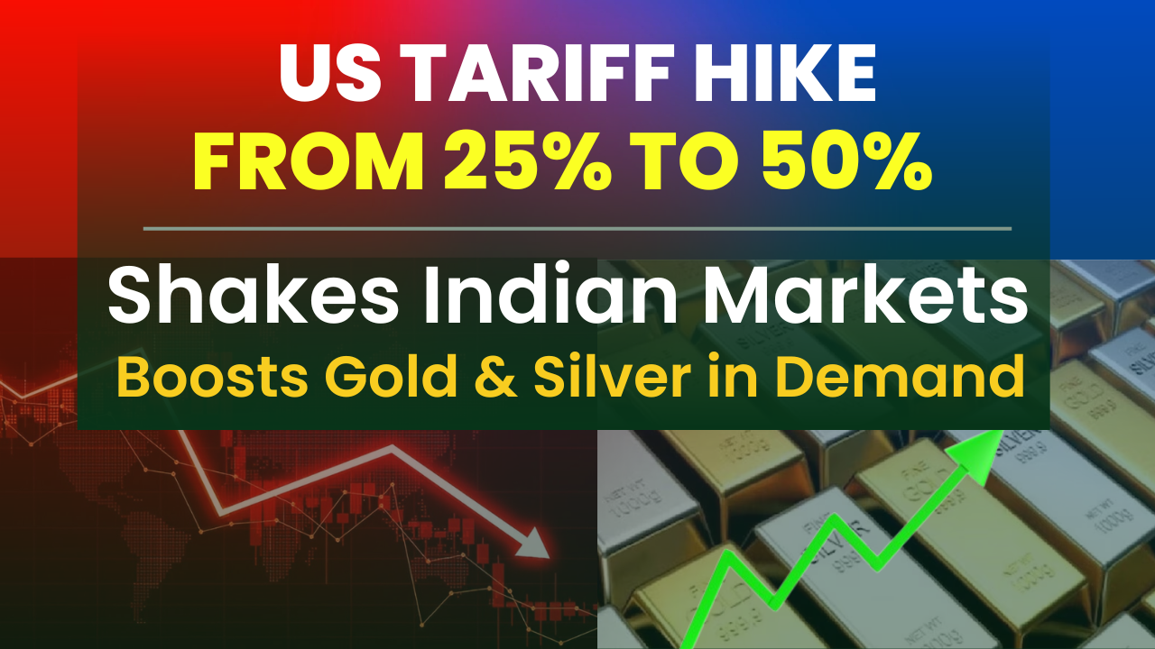 Red ₹ symbol with downward arrow for Indian market fall; upward line graph symbolizing gold and silver rise; headline on U.S. tariff hike from 25% to 50%